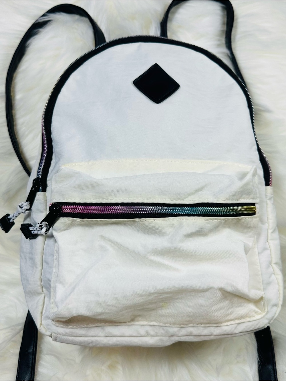 Claire's White Backpack with Black Trim and Multicolor Zipper